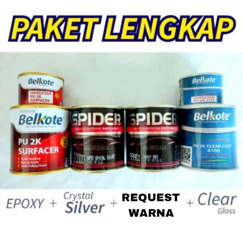 PAKET LENGKAP Cat Belkote Epoxy + SPIDER Silver Metalik + SPIDER Warna Request 200ml + Belkot Clear 