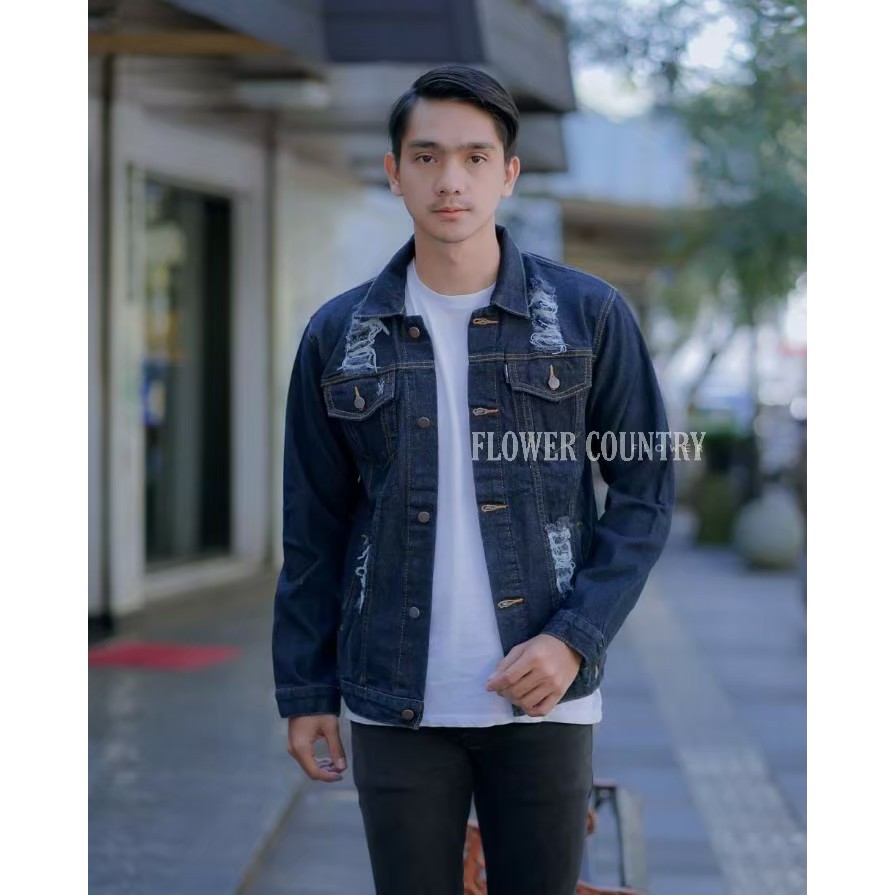 SIXTEEN - Jaket Jeans Ripped Kerah Pria Premium Original Flower Country