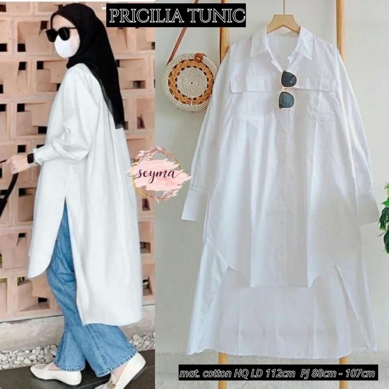 Pricilia longTunik putih,kemeja putih,dress putih,baju lebaran,baju jumbo putih