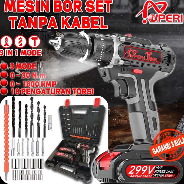 Supreme  MURAH 199VF  299VF Set Mesin Bor Impact Listrik Tanpa Kabel  Bor Drill Full Set  Bor Tangan