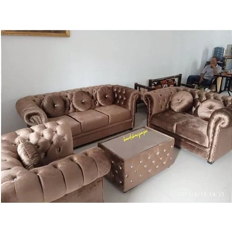 Sofa Kancing Seribu 321+meja+6 Bantal Bulet Bahan Landmark Beludru Free Ongkir Sukabumi