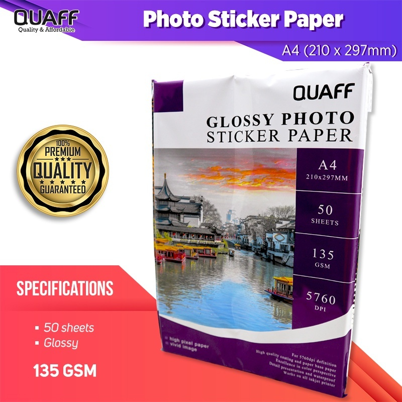 QUAFF Stiker Glossy Kertas Stiker Foto Ukuran A3 A4 | Stiker Inkjet 90gsm & 135gsm (20 sheet/pak)
