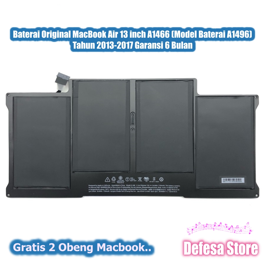 Baterai MacBook Air 13 inch A1466 (Model Baterai A1496) Tahun 2013-2017