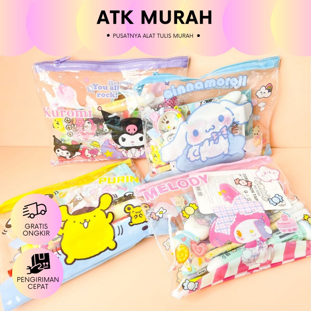 

paket alat tulis sanrio pouch viral lengkap kotak pensil stiker washitape gantungan kunci cincin penghapus correction tape perata pulpen cetek pensil COD