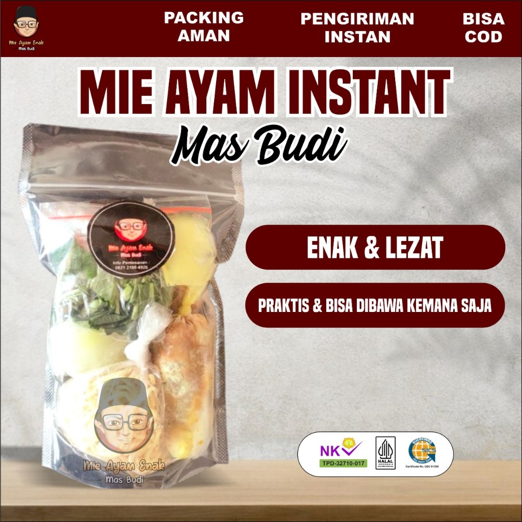 

Mie Ayam Mentah Instan Bumbu Instant Lengkap 1 Porsi Mas Budi Asli Bandung