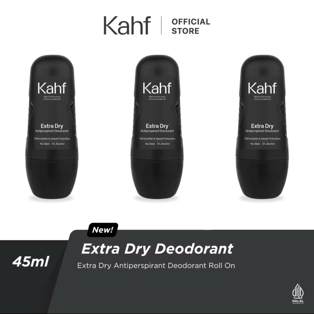 KAHF Extra Dry Antiperspirant Deodorant Roll On Triple Pack Indonesia / Paket Deodorant Pria 45ml 3 
