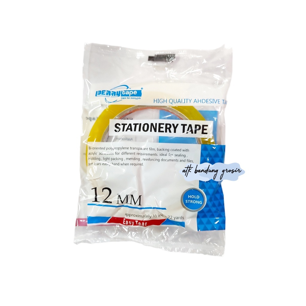 

Solasi / Selotip Easy tear Berry tape ½ inchi (12mm x 72 yard ) Mudah dirobek – Satuan