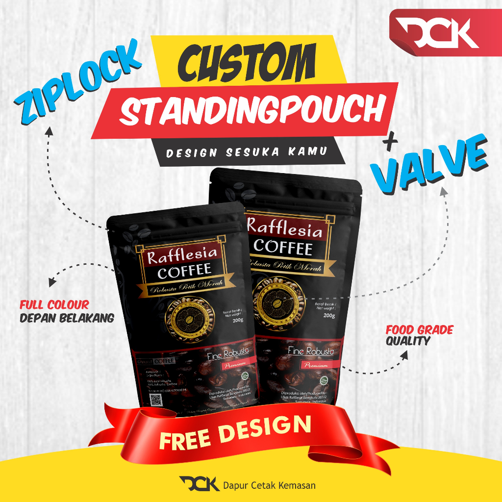 STANDINGPOUCH VALVE + ZIPLOCK / ZIPPER FULL PRINTING CUSTOM - UNTUK KEMASAN KOPI BIJI / KOPI BUBUK