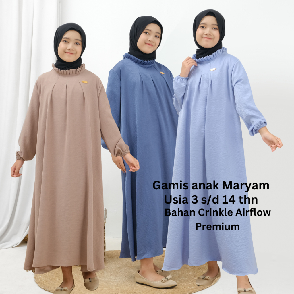 Gamis anak maryam bahan crinkle airflow usia 3 s/d 14 tahun banyak pilihan warna