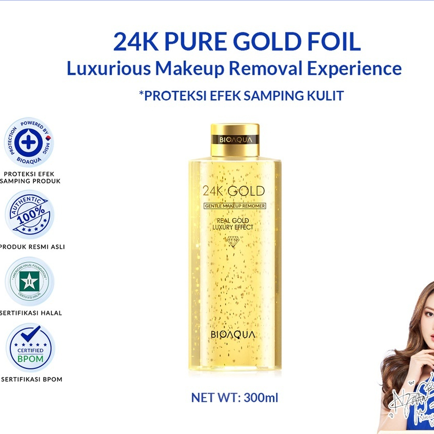 BIOAQUA 24K Gold Gentle Makeup Remover Micellar Water 300ml Lip &amp; Eye Make up Remover For All Skin Type pembersih make up