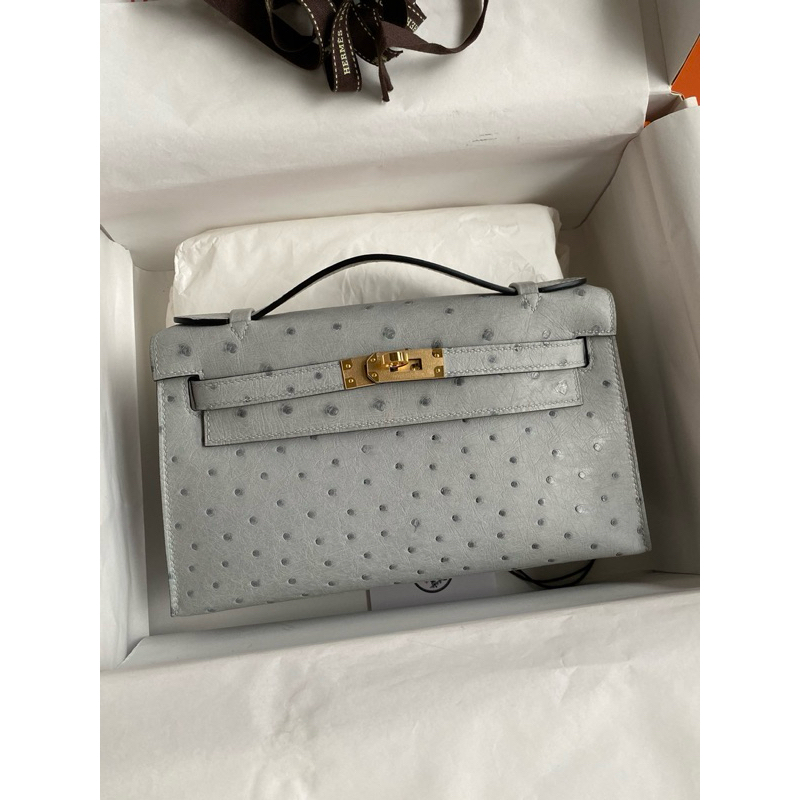 HM Ostrich Kelly Pochette Gray GHW
