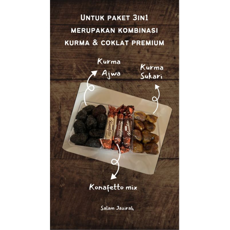 

Paket Bundling Hemat Kurma Premium Kombinasi Coklat 3 Sekat | Ajwa | Sukari | Coklat Kunaffeto Mix