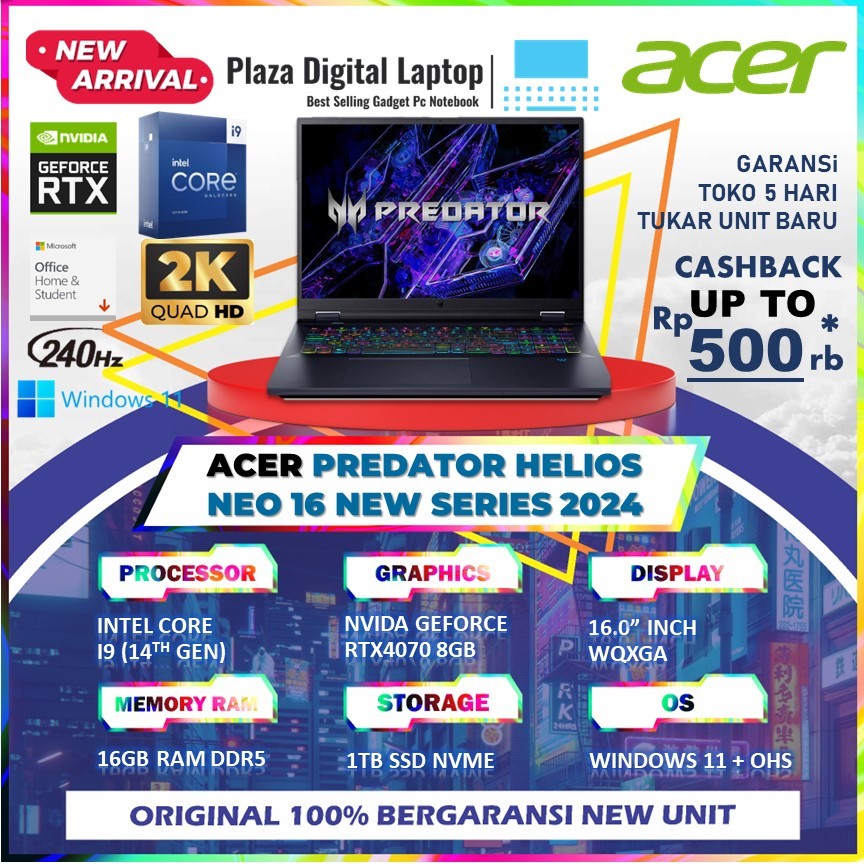 Acer PREDATOR Helios Neo 16 Intel Core i9 Gen14 RTX4070 8GB 16GB Ram 1TB Ssd Win11+OHS 16.0WQXGA 240HZ 100DCIP3 4ZRGB BLK