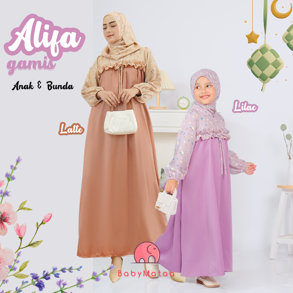 Alifa Gamis Pakaian Muslim Anak Perempuan Set Kerudung Muslimah  3 - 10 Tahun Bahan Satin Couple Sar
