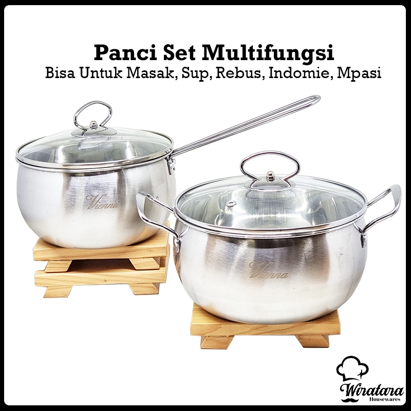 Vienna Panci Set 2pcs Premium Stainless + Tutup Kaca | Panci Mpasi | Panci Soup | Panci Rebus Sup