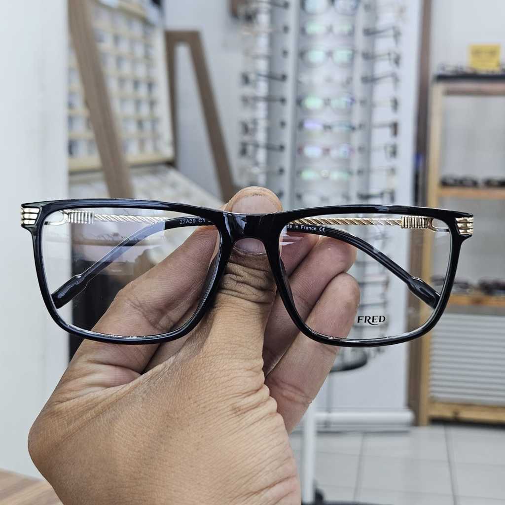 frame kacamata pria elegan kotak fred 22A39 hitam glossy gold