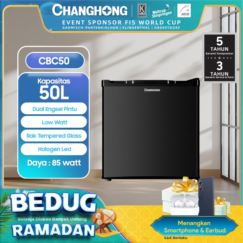 Changhong Kulkas Mini Bar (Refrigerator) Lemari Es Kapasitas 50 Liter  CBC 50 (Semi Auto Defrost) (Adjustable Door Bisa Di Buka dari Kiri/Kanan) (Kulkas Simple Minimalis) (Freezer Yang Terpisah) (Tidak Bising)