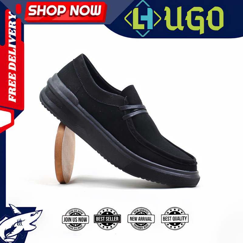 HUGO Sepatu Casual Pria Loafers Suede Pansus Formal Pantofel Pria Hitam - Wallabe Clarkos