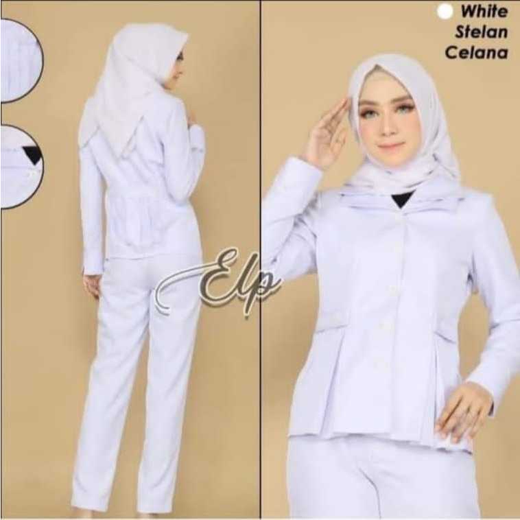 Seragam Perawat Putih-putih Model Krah Susun Set Rok Span/Rok.A/Celana Panjang Katun Free Hijab
