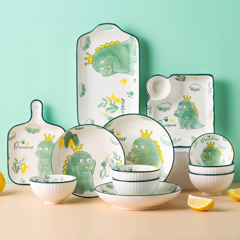 ASHOME Piring Keramik Makan Motif Green Dino Series / Piring Makan Jepang / Piring Makan Motif Jepan