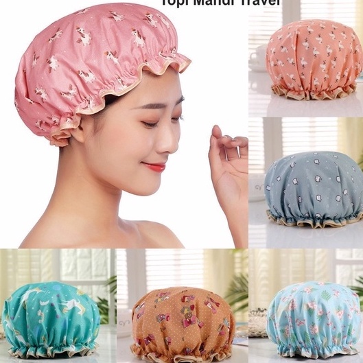 Diminati Waterproof Premium Shower Cap Topi Mandi Travel Shower Cap