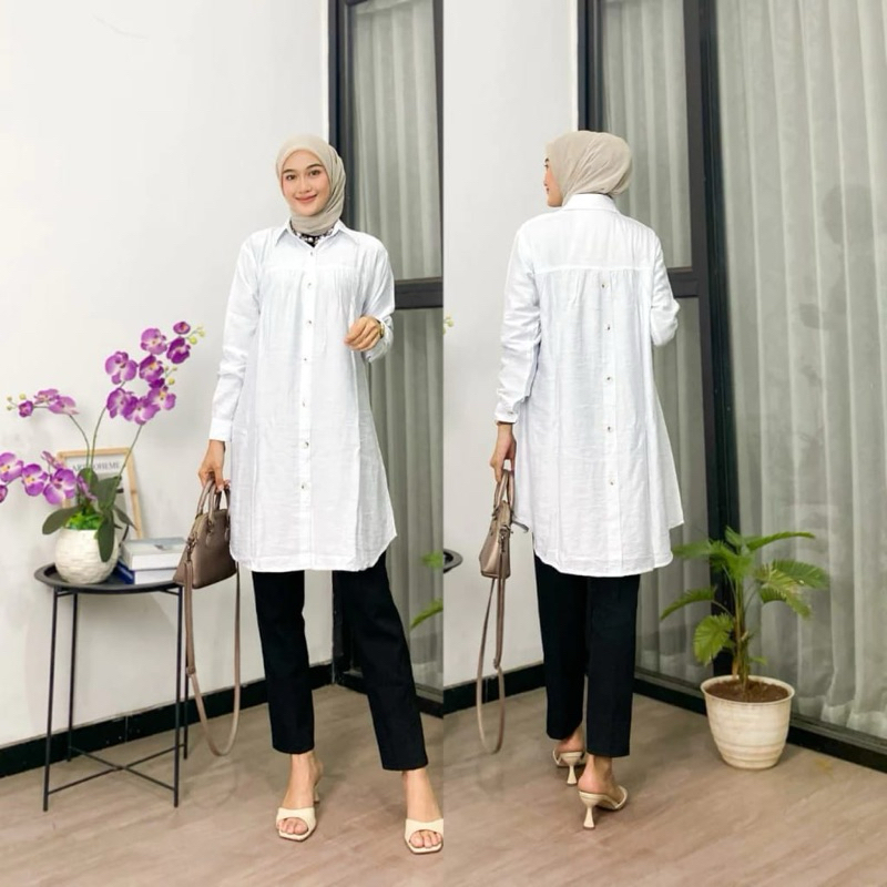 Zeva Tunik Polo Linen - Atasan Wanita Tunik Standar Jumbo LD110 cm LD120cm Variasi Kancing Belakang