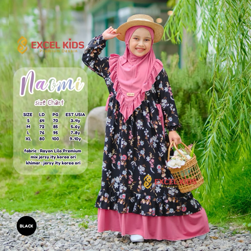 Gamis Anak Perempuan umur 3 sampai 9 tahun gamis premium include jilbab naomi ori excel kids