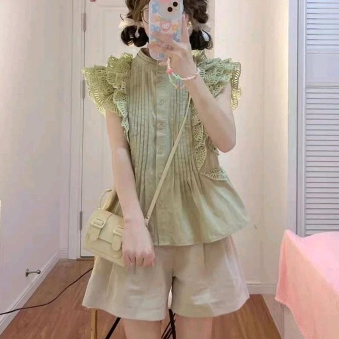 2227 Baju atasan blouse JACQLENE LACE BROKAT FRILL SLEEVE TOP Lengan rumbai hijau putih polos Korea 