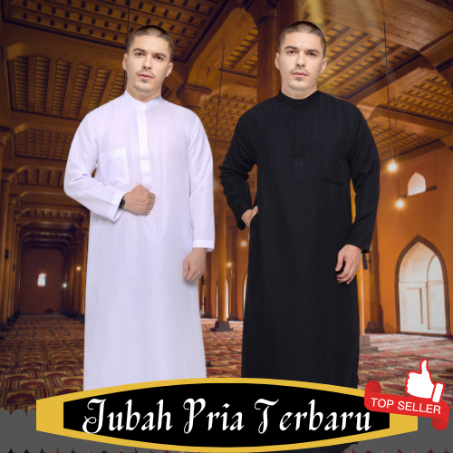 Jubah Pria Gamis Pria Dewasa Laki Laki Putih Hitam Polos Lengan Panjang Panjang