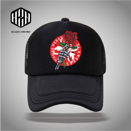 Topi trucker slank logo mawar merah - slank peace - topi piss - topi slank - topi distro - topi jari