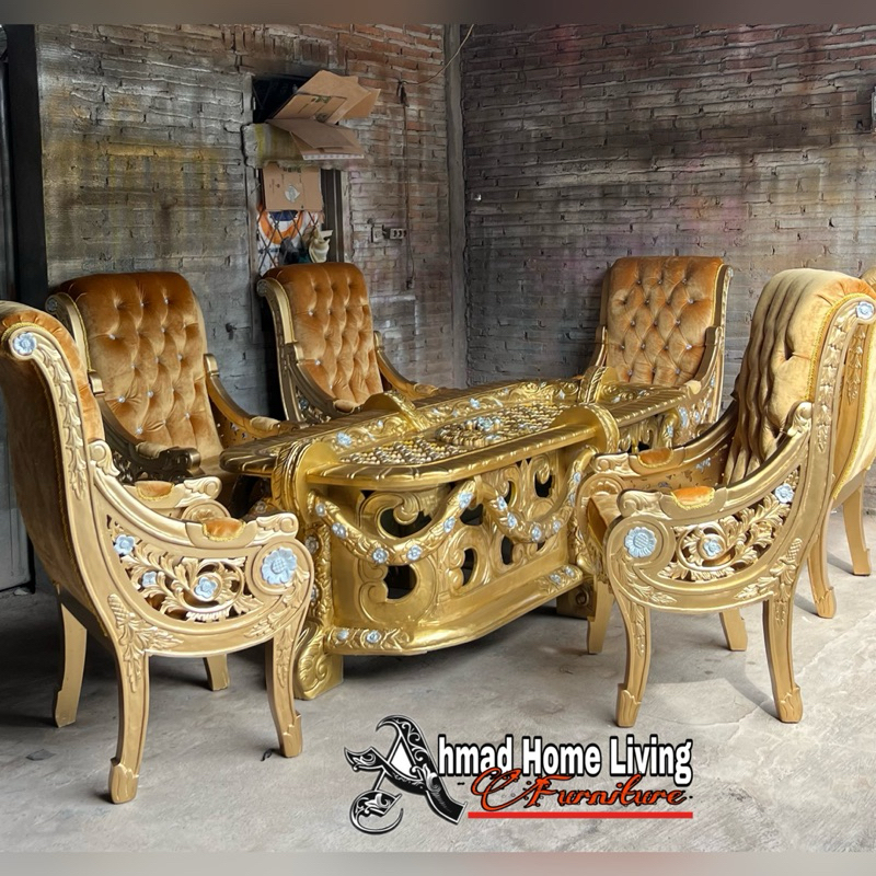 SET DINING ROOM SET MEJA MAKAN MEWAH LUXURY GOLD SET MEJA MAKAN MEWAH