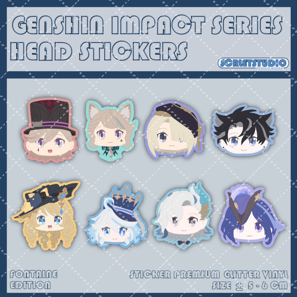 

SCRLETSTUDIO STICKER GLITTER PREMIUM QUALITY GENSHIN IMPACT HEAD CHIBI FONTAINE ANIME CHARACTERS FURINA NEUVILLETTE WRIOTHESLEY CLORINDE NAVIA LYNEY LYNETTE FREMINET