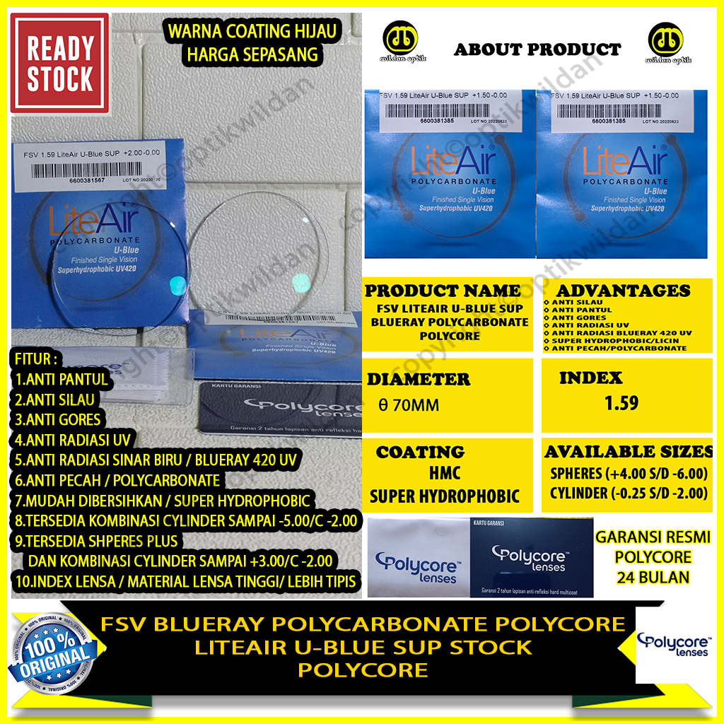 POLYCORE SINGLE VISION BLUERAY POLYCARBONATE/FSV 1.59 LITEAIR U-BLUE SUP ORIGINAL