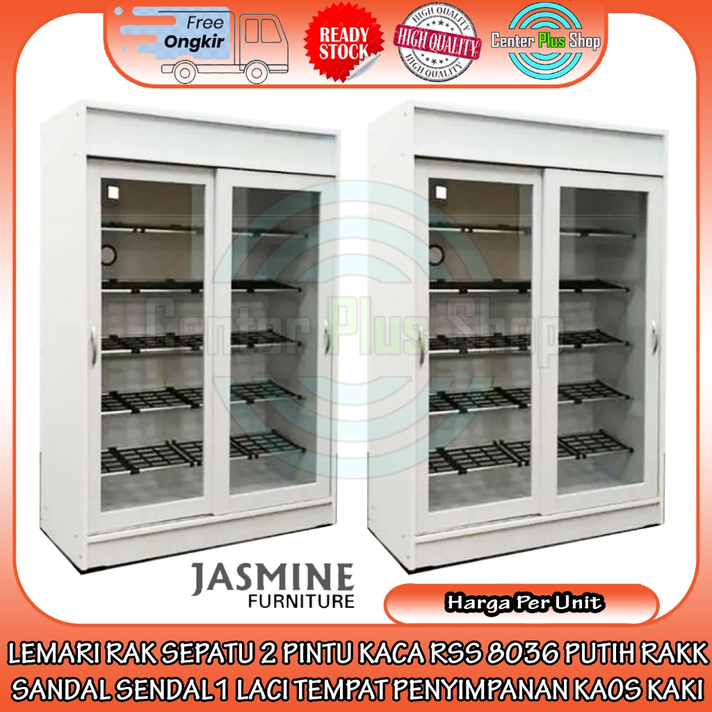 [Instant] Lemari Rak Sepatu 2 Pintu Kaca Rss 8036 Putih Rack Sandal Sendal1 Laci Tempat Penyimpanan 