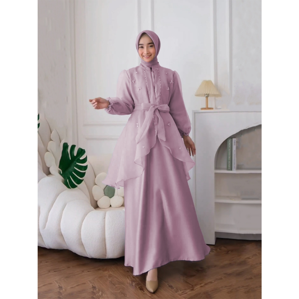 Spesial Gamis Lebaran 2024 - Gamis Satin Velvet Halus Mix Organza Gamis Polos Kekininan Baju Pesta K