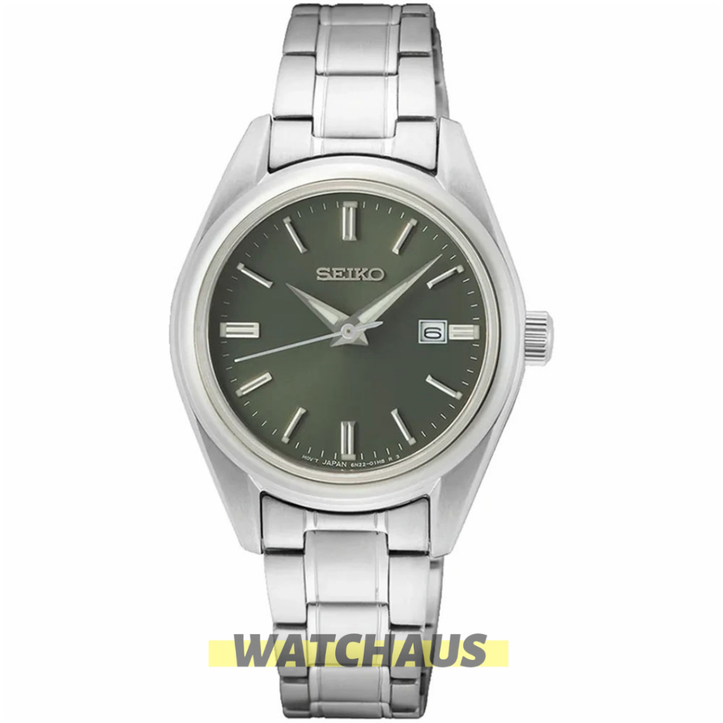 JAM TANGAN WANITA SEIKO SUR533 SUR533P SUR533P1 ANALOG SILVER GREEN STAINLESS STRAP