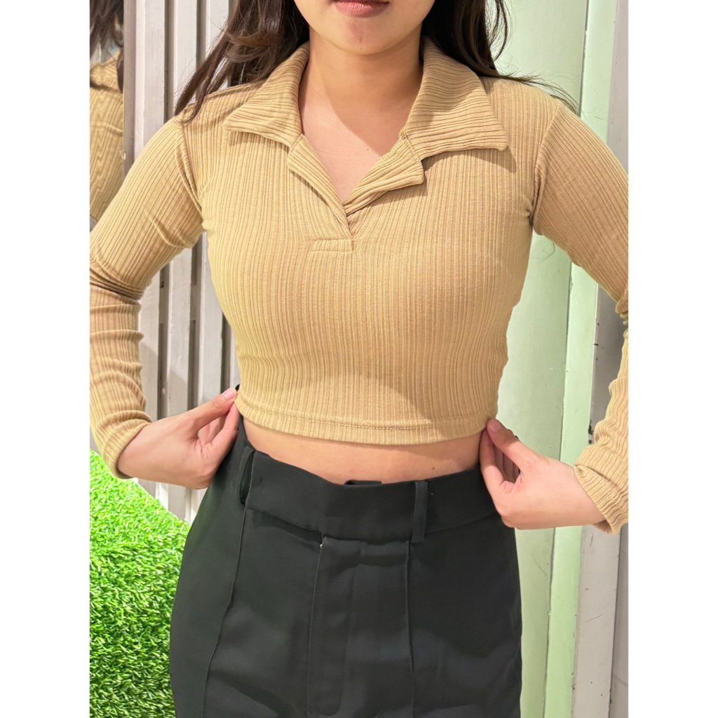 Polo Crop Top Lengan Panjang | Atasan lengan panjang kerah polos | Flawless