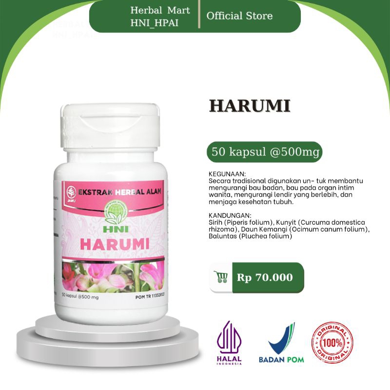 Herbal Mart _ HNI.HPAI (100% Produk Original) Harumi HNI_HPAI obat herbal isi 50 kapsul untuk membantu mengurangi bau badan, bau pada organ intim wanita, mengurangi lendir yang berlebih, dan menjaga kesehatan tubuh.