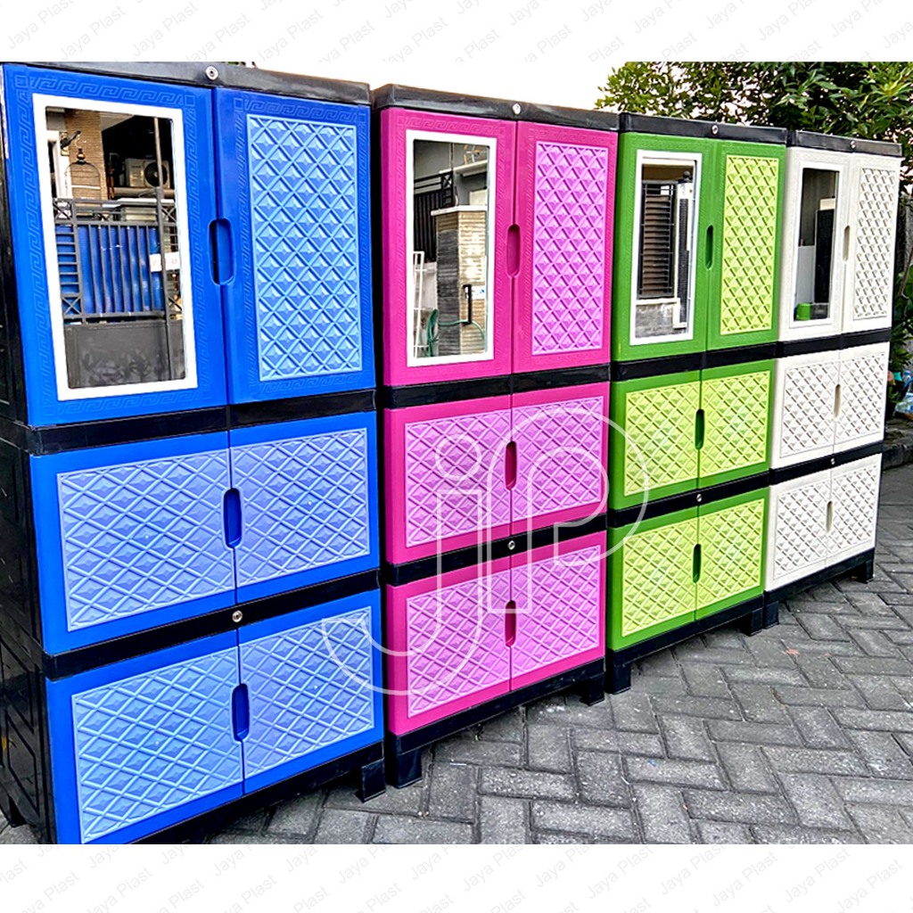 Lemari plastik 4 susun tingkat rak gantung baju jumbo kabinet kunci kaca cermin excel serbaguna AP