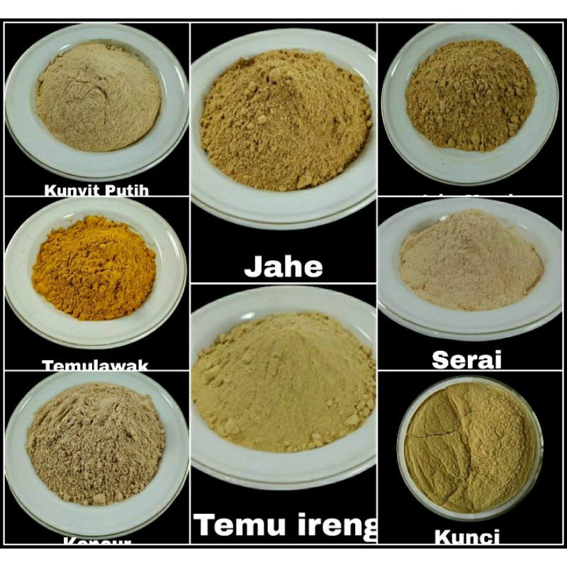 

jahe merah bubuk / jahe putih bubuk / kencur bubuk / kunyit bubuk / kunyit putih bubuk / temulawak bubuk / temu ireng bubuk / serai bubuk / laos bubuk / temu kunci bubuk 100 gram