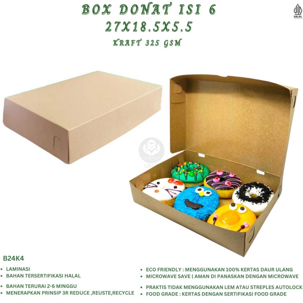 

Box Dus Donat Isi 6 / 27 x 18 x 5.5 / Polos / Kraft 325 Gsm / Tahan minyak / B24K4