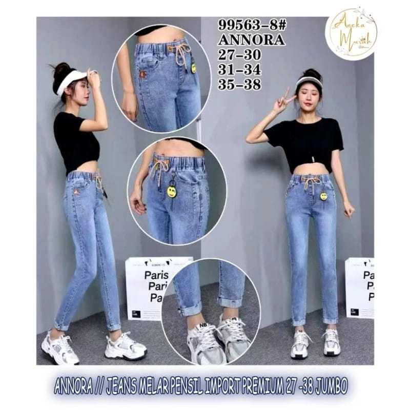 Celana Jeans Wanita Annora jeans import original pinggang karet ukuran 27-38 jumbo