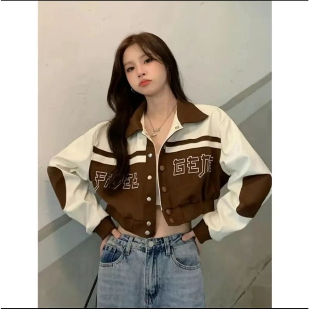 Sweater Fuel Gene Kerah Jacket Crop Style Korea/ Jacket Varsity Bahan Fleece/ Sweater Jacket Wanita 