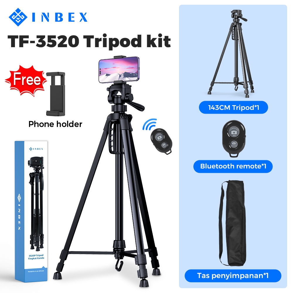 【READY】INBEX Tripod Kamera fotografi profesional tripod paduan aluminium 140cm TF-3520P/for Camera, HP, Mirrorless /black Original warranty