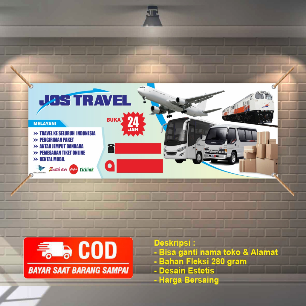 Free Request edit spanduk banner travel mobil - rental mobil - tiket pesawat - tiket kereta api bisa COD bayar ditempat 3x1