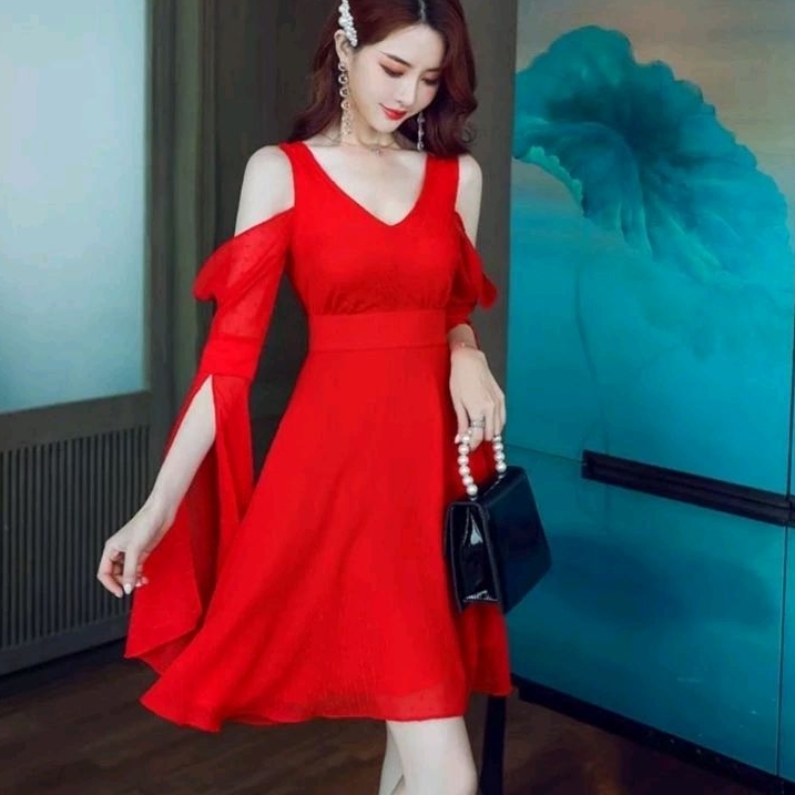 0937 Baju minidress ORCHID COLD SHOULDER MINI DRESS lengan bolong layer panjang dres Korea Korean st