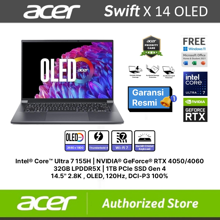 ACER SWIFT X 14 OLED SFX14 72G-70K8 ULTRA 7 155H RTX4060 8GB RAM 32GB SSD 1TB W11 OHS 14.5" 2.8K 120HZ