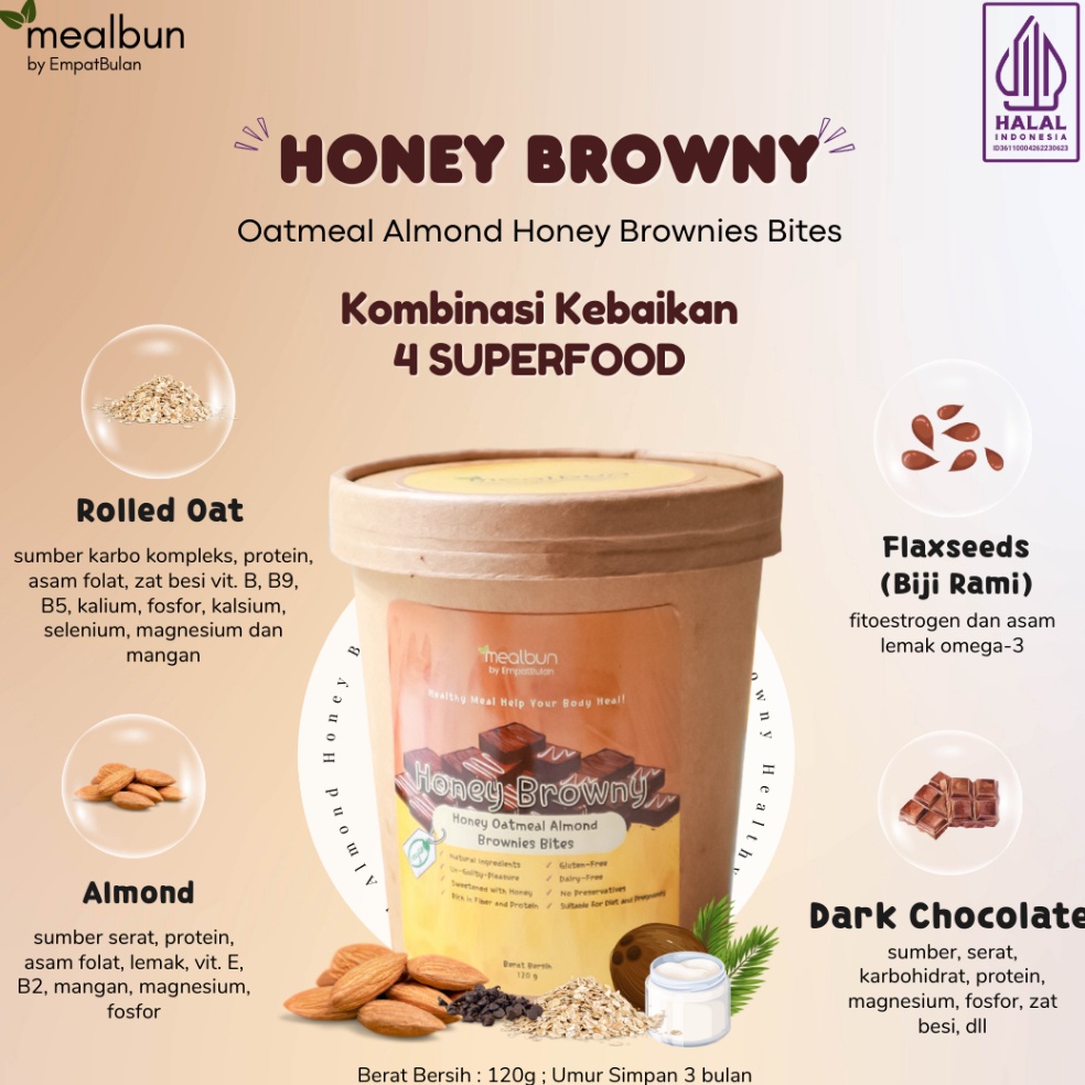 

QKN553 MEALBUN HONEY BROWNY Oat Almond Honey Brownies Bites Peningkat Mood dan Imunitas Tubuh