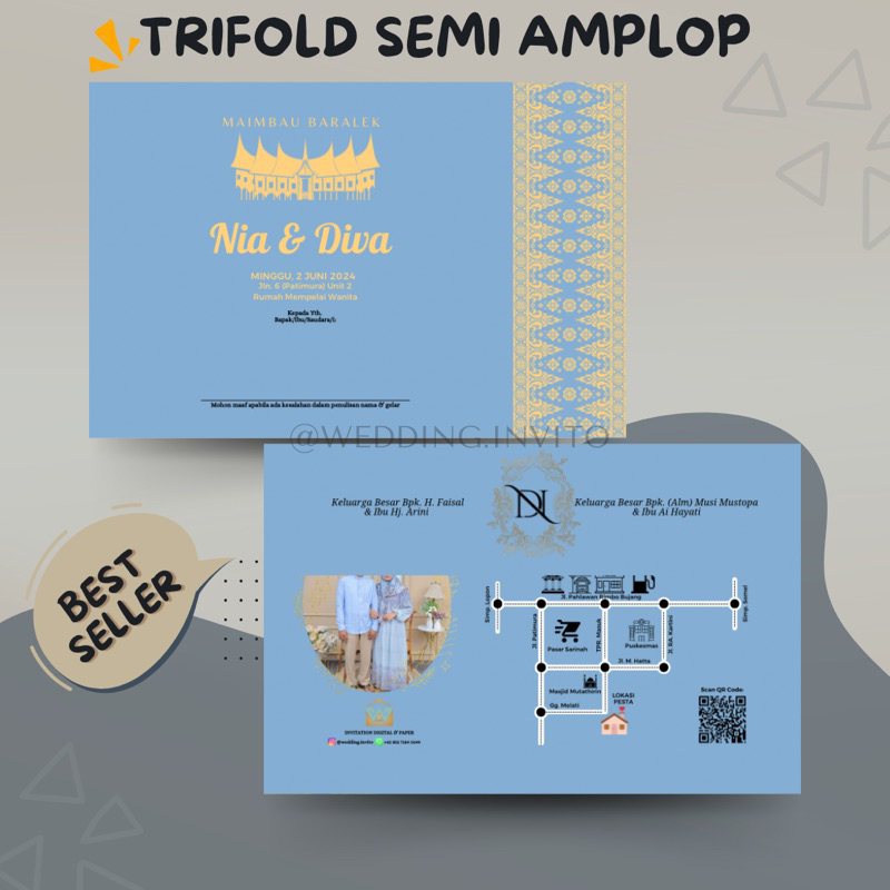 [MINANG] Cetak Undangan Denim Blue Batik-Gold Semi-Amplop Pernikahan Separasi Custom Kertas/Paper We