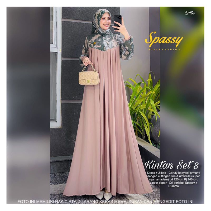 KINTAN SET HIJAB DRESS GAMIS MAXI ORIGINAL BY SPASSY X DUMMA | KINTAN SET 3 WARNA LATTE